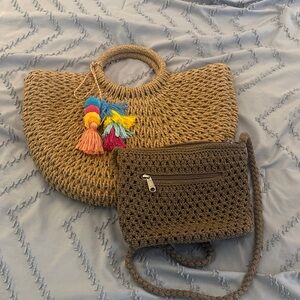 Brown Woven Tote and Crossbody Set